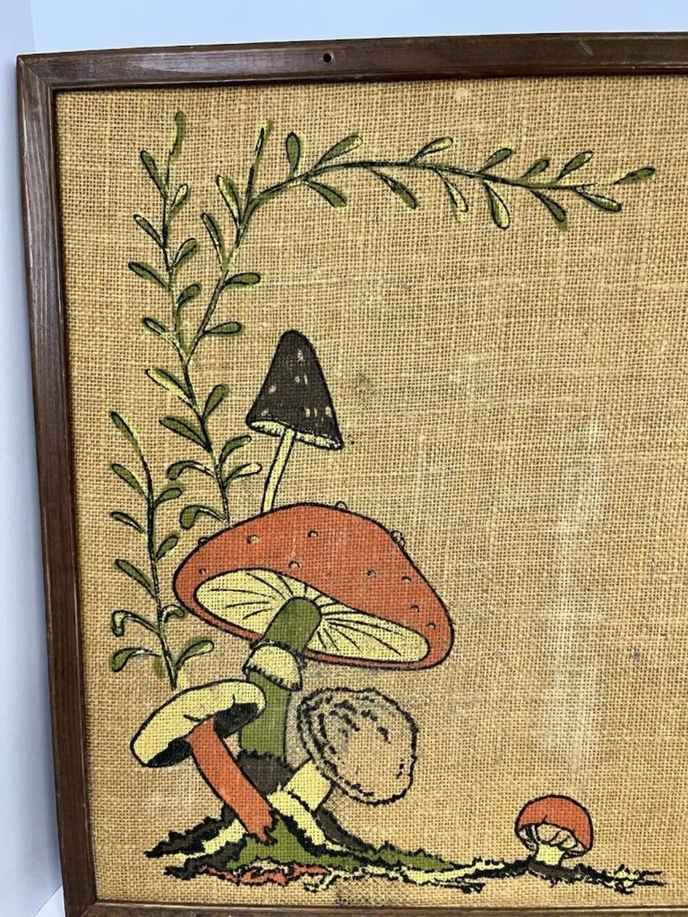 Vintage Retro Mushroom Bulletin Memo Board Burlap Framed Wall Hanging